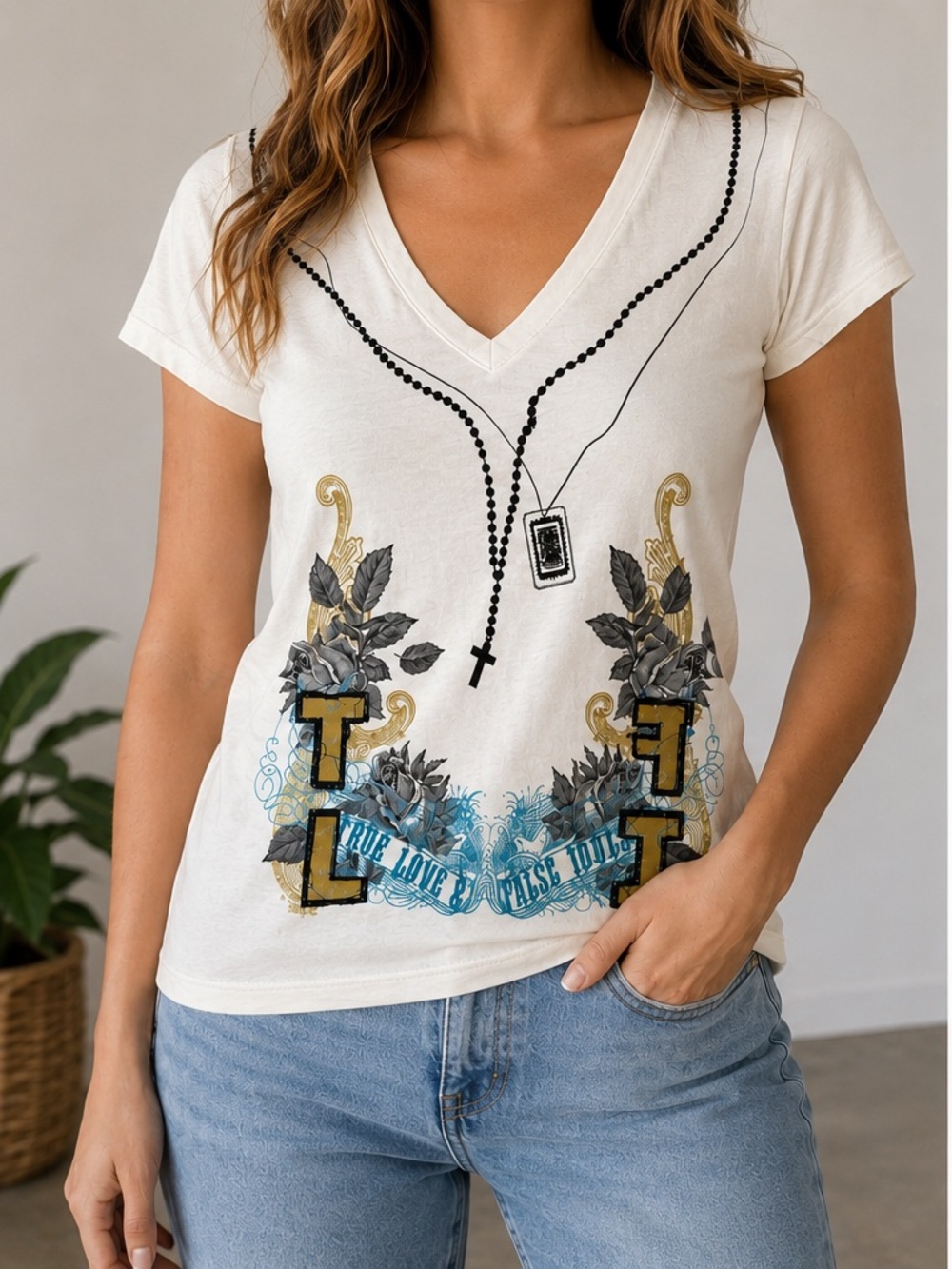 True Love & False Idols Women’s White V-Neck Short Sleeve Cross Graphic Tee S